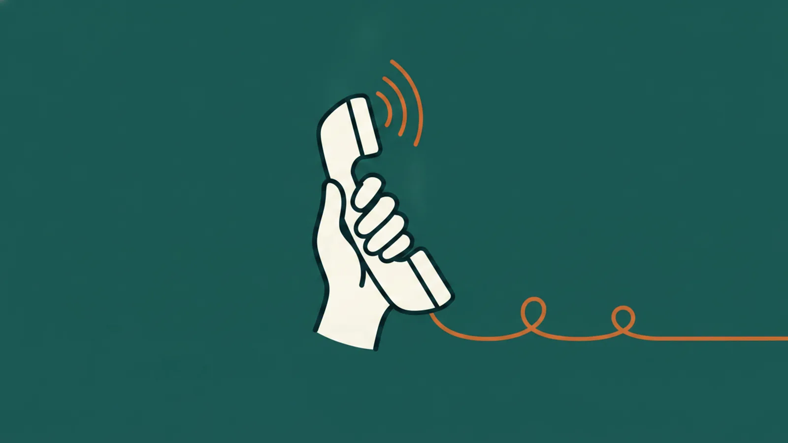 Ilustração em linha: uma mão segura o fone de um telefone junto ao ouvido; do bocal saem ondas de som e um fio laranja se prolonga como um eco, a voz real e a cópia sintética que o golpe usa ao telefone.