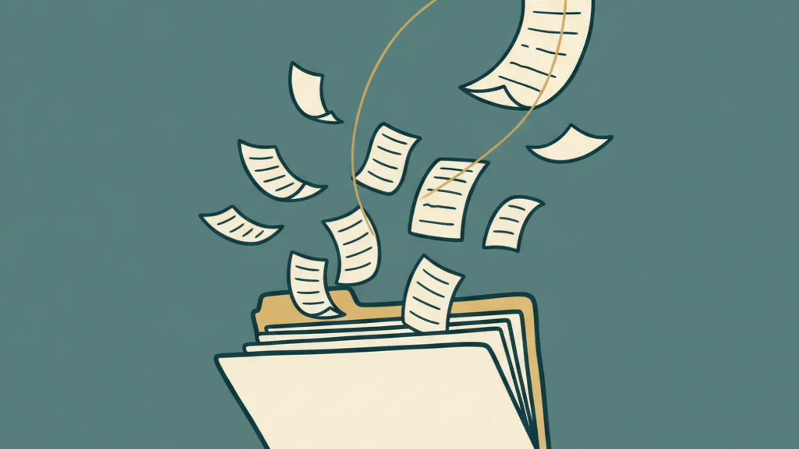 Ilustração: uma pasta de prontuários aberta com folhas de papel voando para fora, o vazamento de dados de saúde